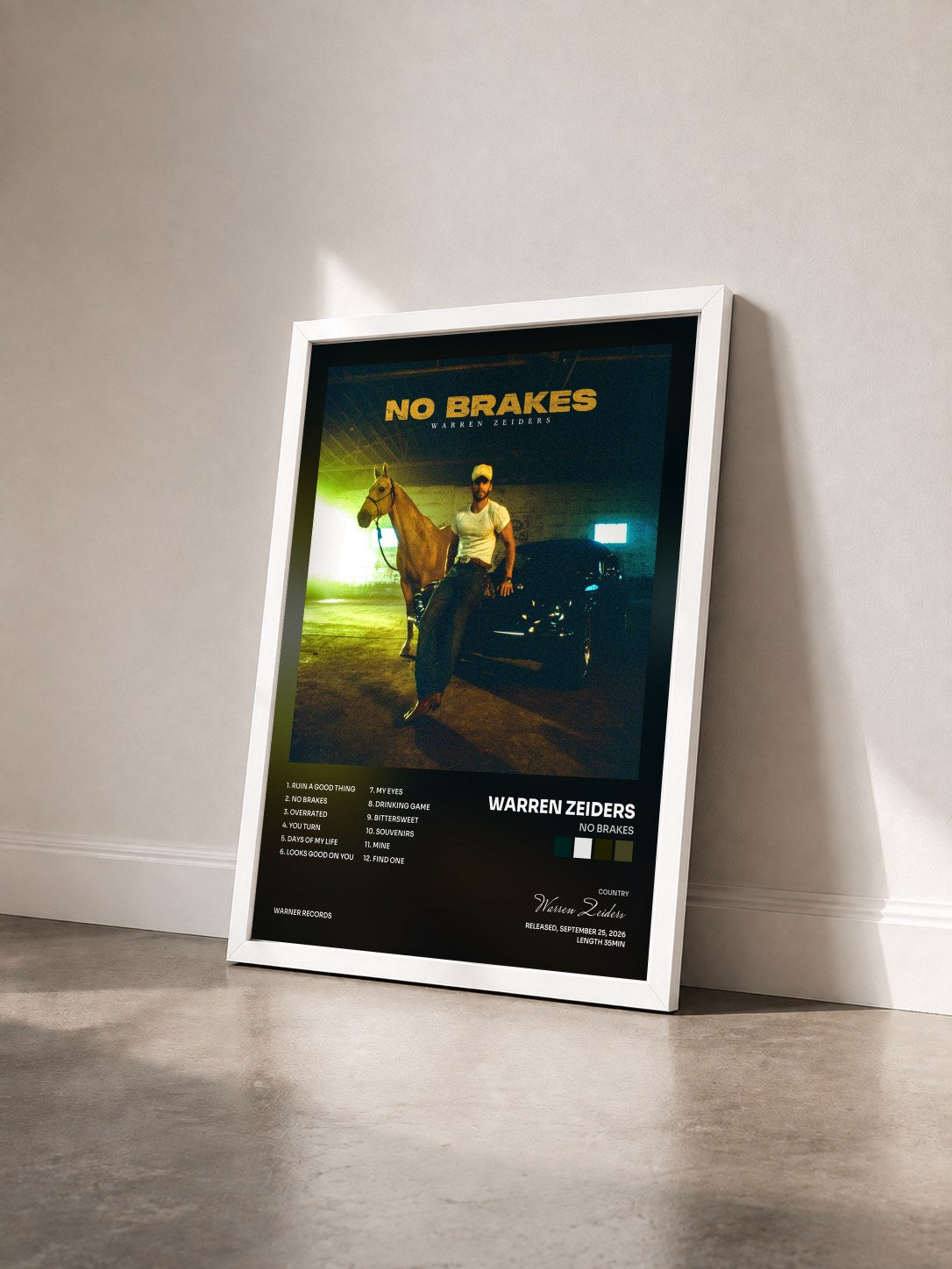 #blanc Tableau de l'album No Brakes de Warren Zeiders vu de trois quarts, cadre blanc