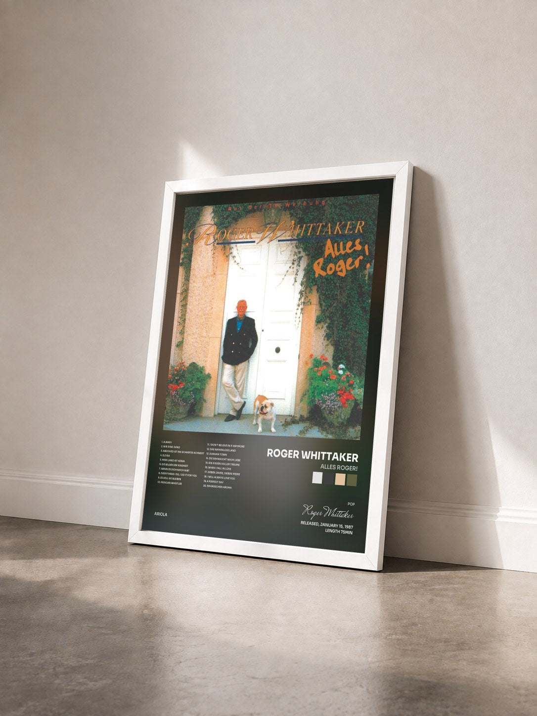 #blanc Tableau de l'album Alles Roger! de Roger Whittaker vu de trois quarts, cadre blanc