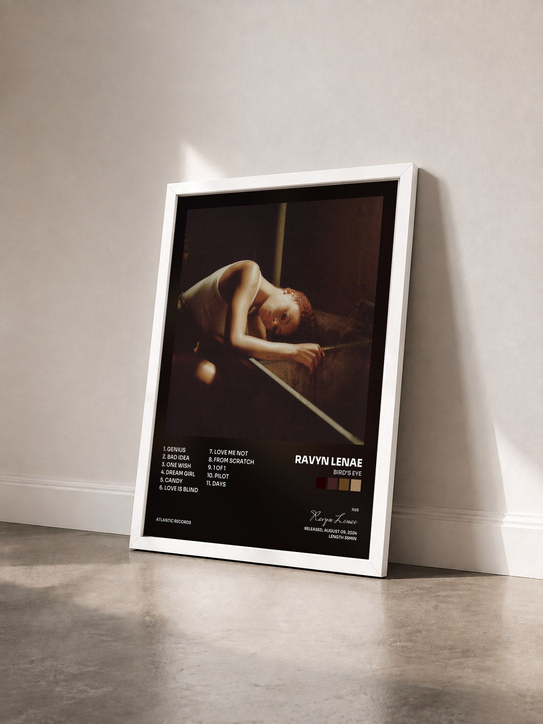 #blanc Tableau de l'album Bird's Eye de Ravyn Lenae vu de trois quarts, cadre blanc
