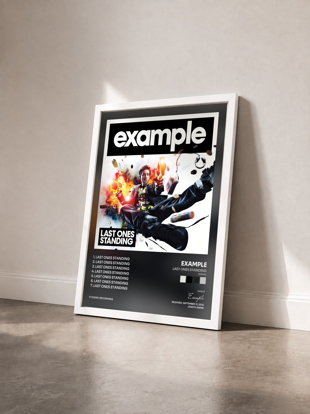 #blanc Tableau de l'album Last Ones Standing (Remixes) de Example vu de trois quarts, cadre blanc