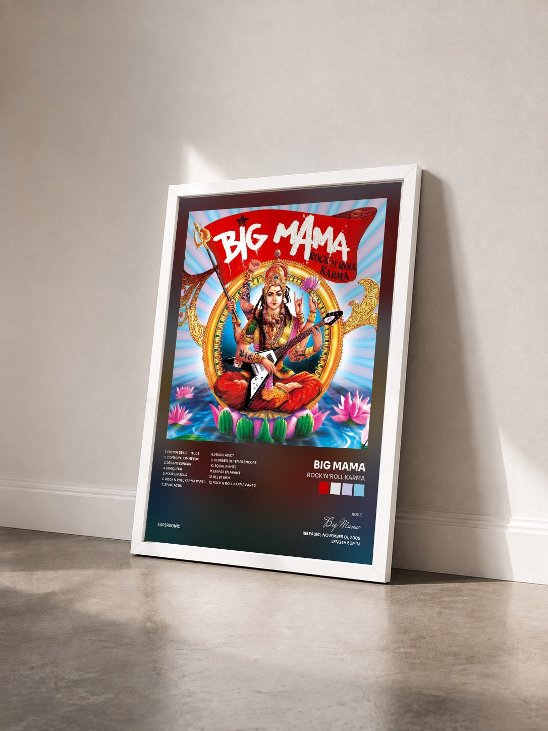 #blanc Tableau de l'album Rock'n'roll karma de Big Mama vu de trois quarts, cadre blanc