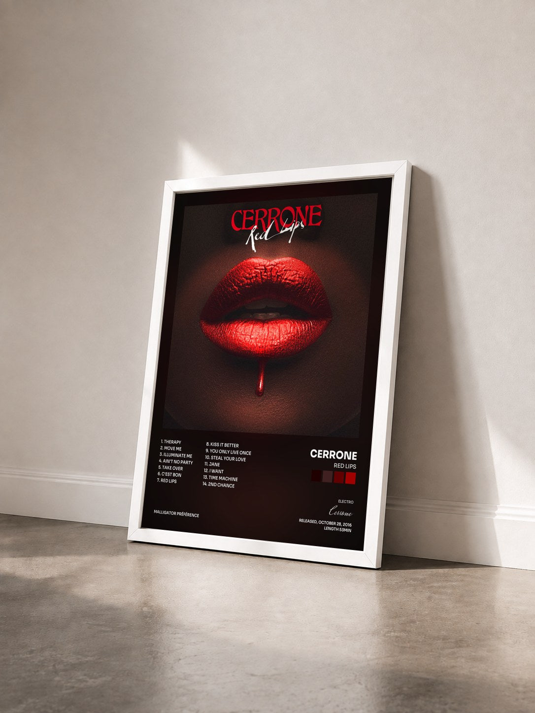 #blanc Tableau de l'album Red Lips de Cerrone vu de trois quarts, cadre blanc