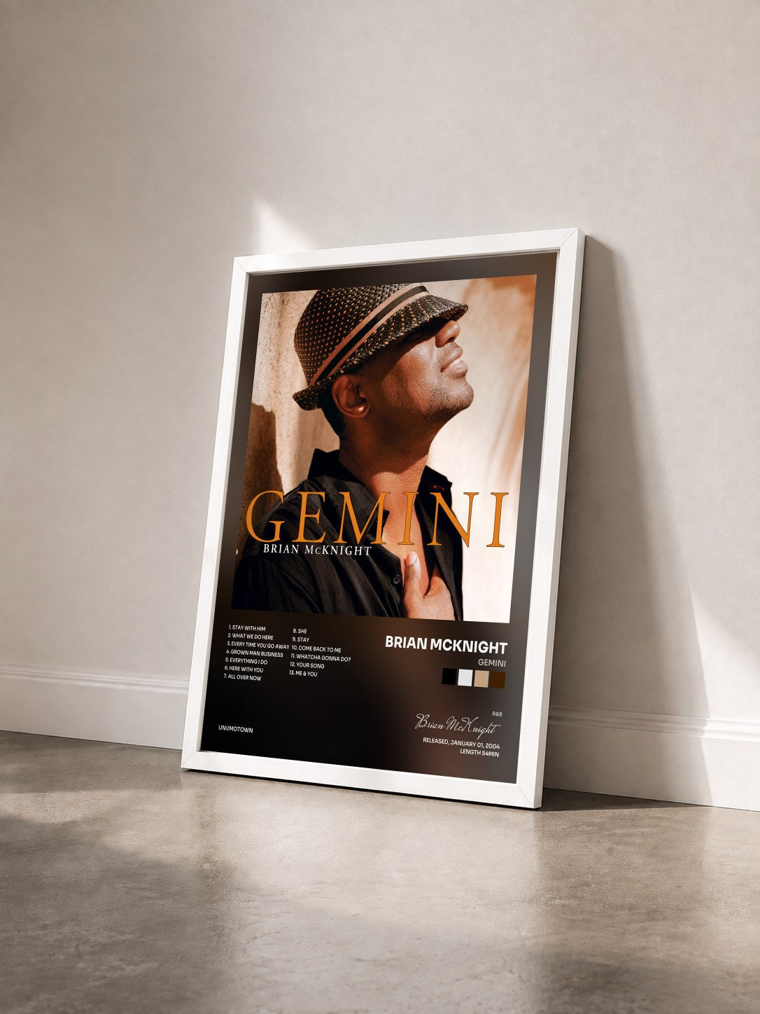 #blanc Tableau de l'album Gemini de Brian McKnight vu de trois quarts, cadre blanc