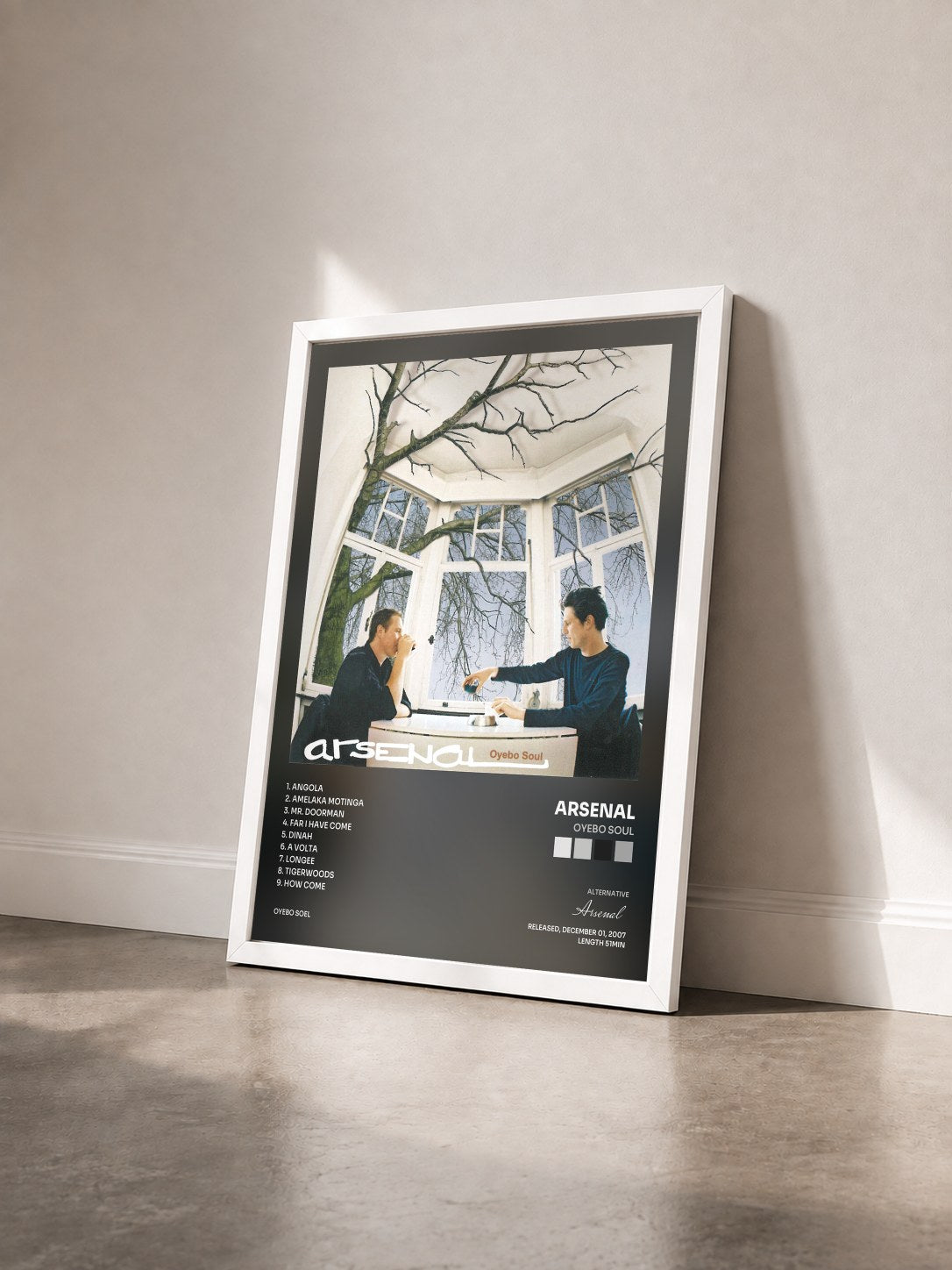 #blanc Tableau de l'album Oyebo Soul de Arsenal vu de trois quarts, cadre blanc