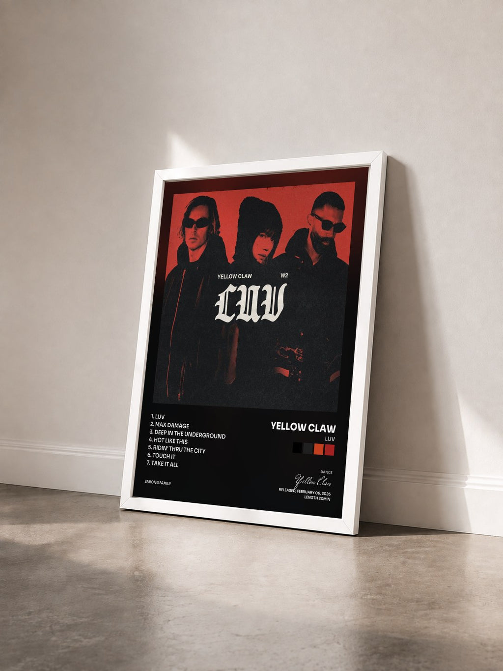 #blanc LUV by Yellow Claw as a framed art print seen at an angle, white frame