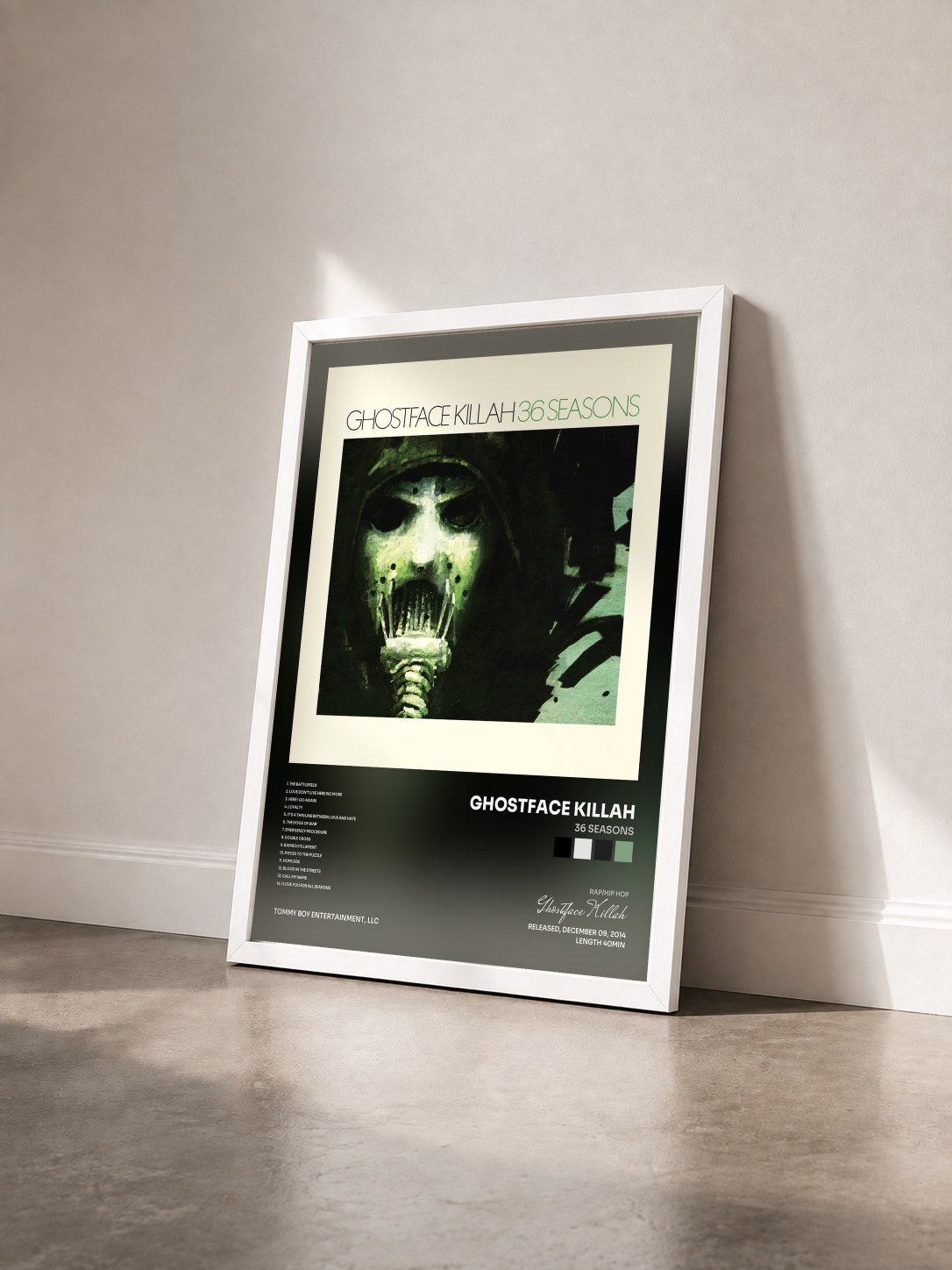 #blanc Tableau de l'album 36 Seasons de Ghostface Killah vu de trois quarts, cadre blanc