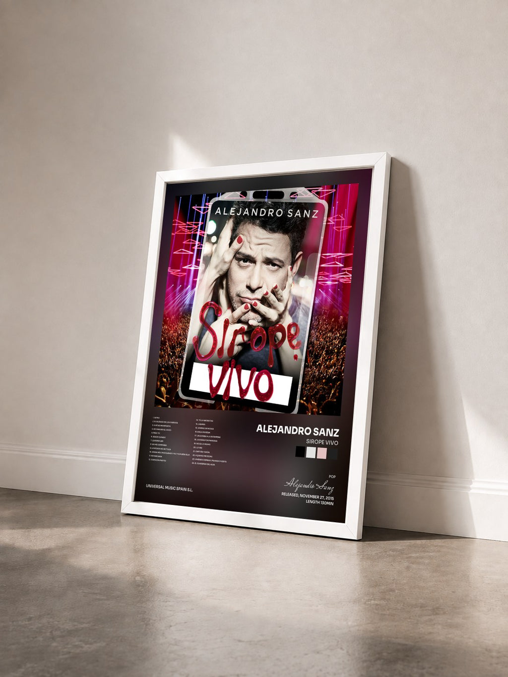 #blanc Tableau de l'album Sirope Vivo de Alejandro Sanz vu de trois quarts, cadre blanc