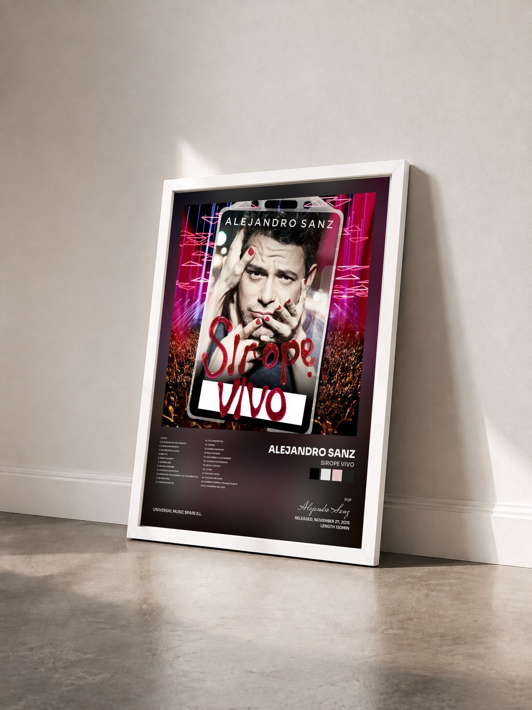 #blanc Tableau de l'album Sirope Vivo de Alejandro Sanz vu de trois quarts, cadre blanc