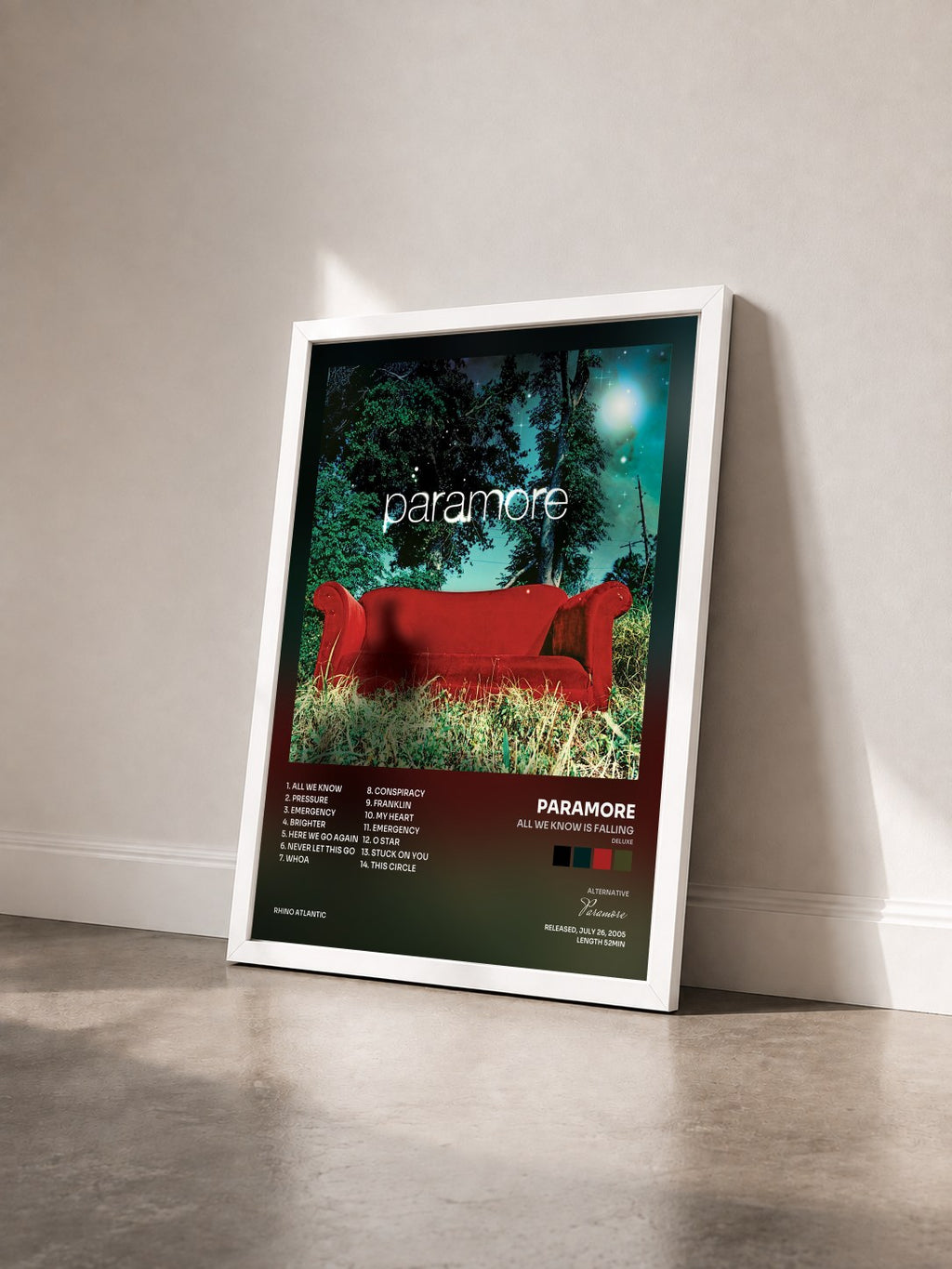 #blanc Tableau de l'album All We Know Is Falling (Deluxe) de Paramore vu de trois quarts, cadre blanc