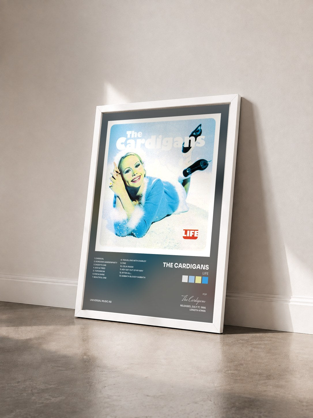 #blanc Tableau de l'album Life de The Cardigans vu de trois quarts, cadre blanc