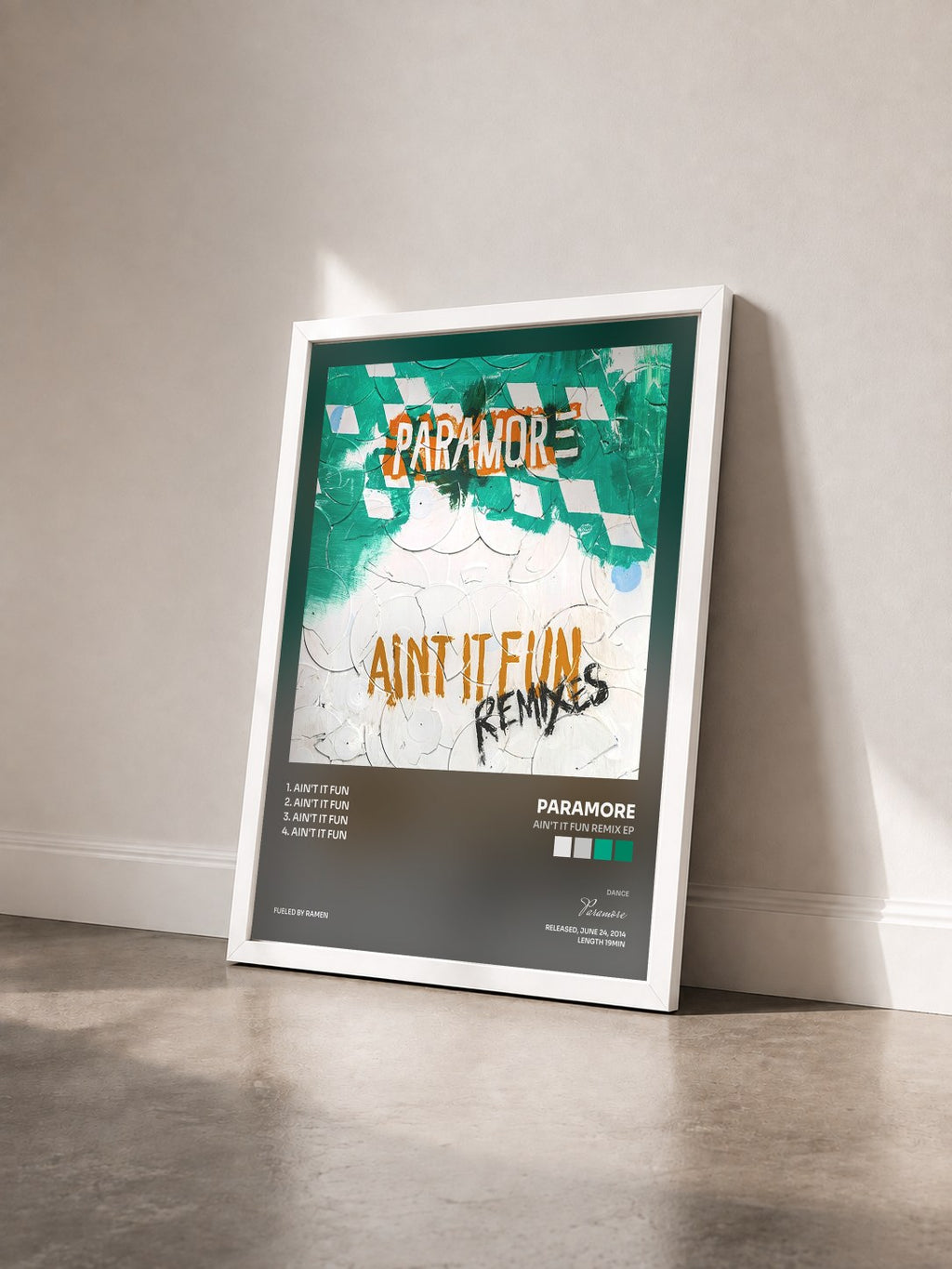 #blanc Tableau de l'album Ain't It Fun Remix EP de Paramore vu de trois quarts, cadre blanc