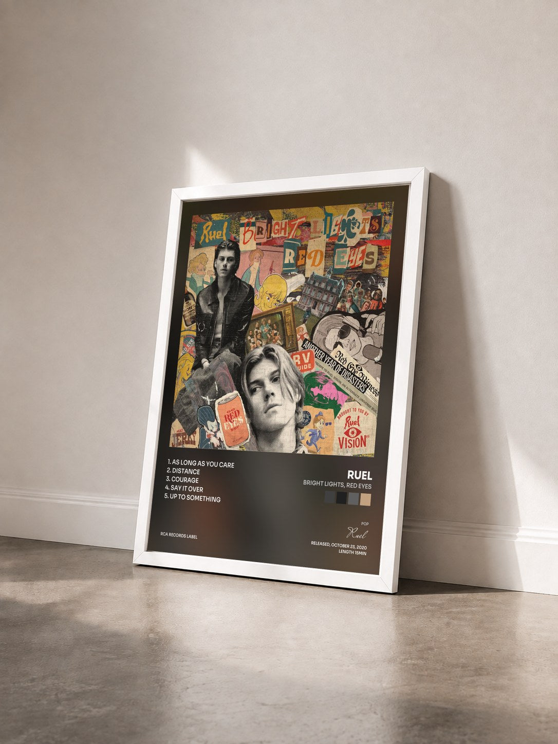 #blanc Tableau de l'album Bright Lights, Red Eyes de Ruel vu de trois quarts, cadre blanc