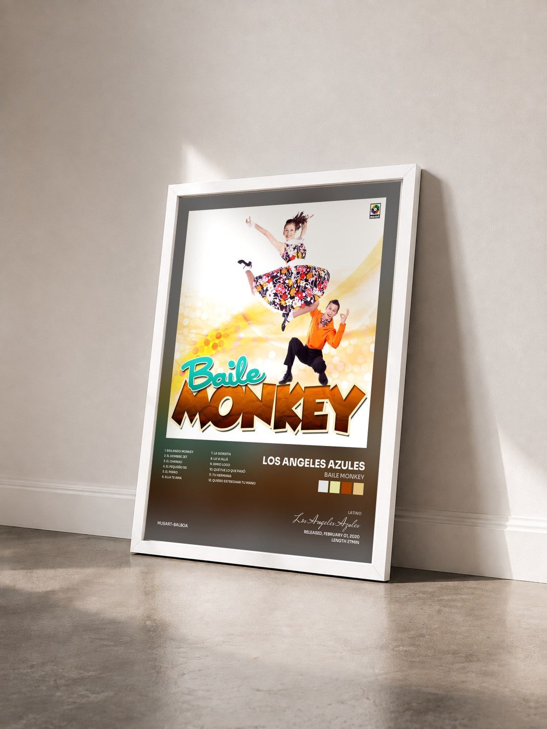 #blanc Tableau de l'album Baile Monkey de Los Angeles Azules vu de trois quarts, cadre blanc