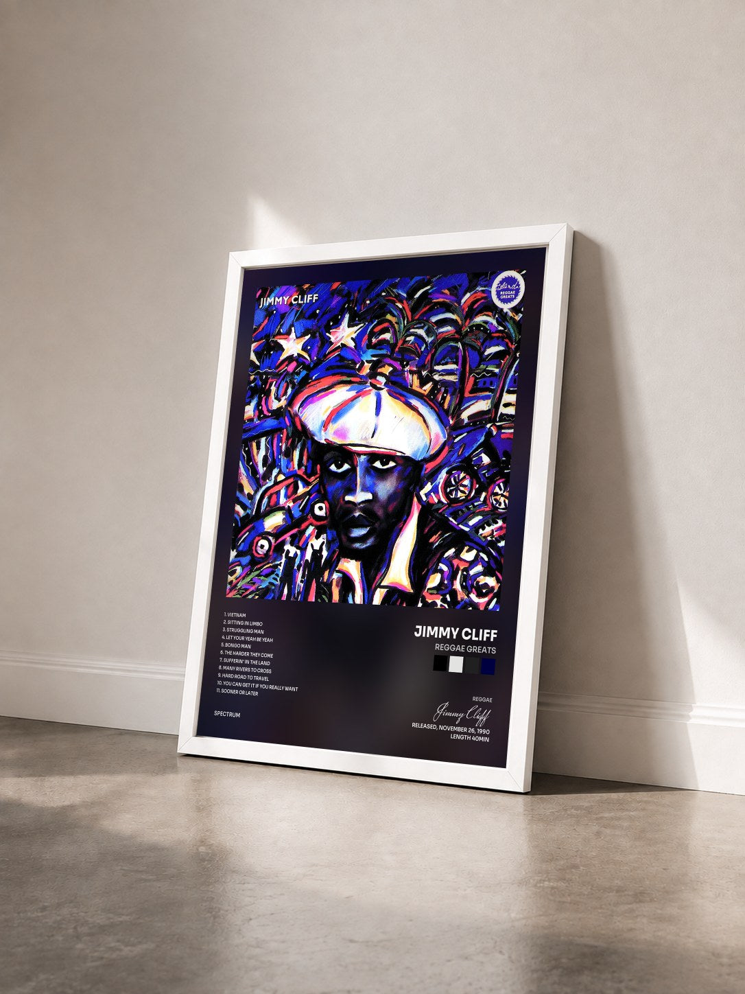 #blanc Tableau de l'album Reggae Greats de Jimmy Cliff vu de trois quarts, cadre blanc