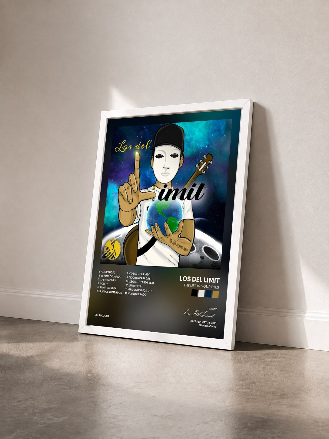 #blanc Tableau de l'album The Life in Your Eyes de Los Del Limit vu de trois quarts, cadre blanc