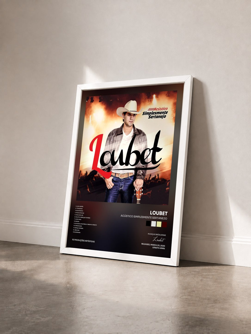 #blanc Acústico Simplesmente Sertanejo by Loubet as a framed art print seen at an angle, white frame