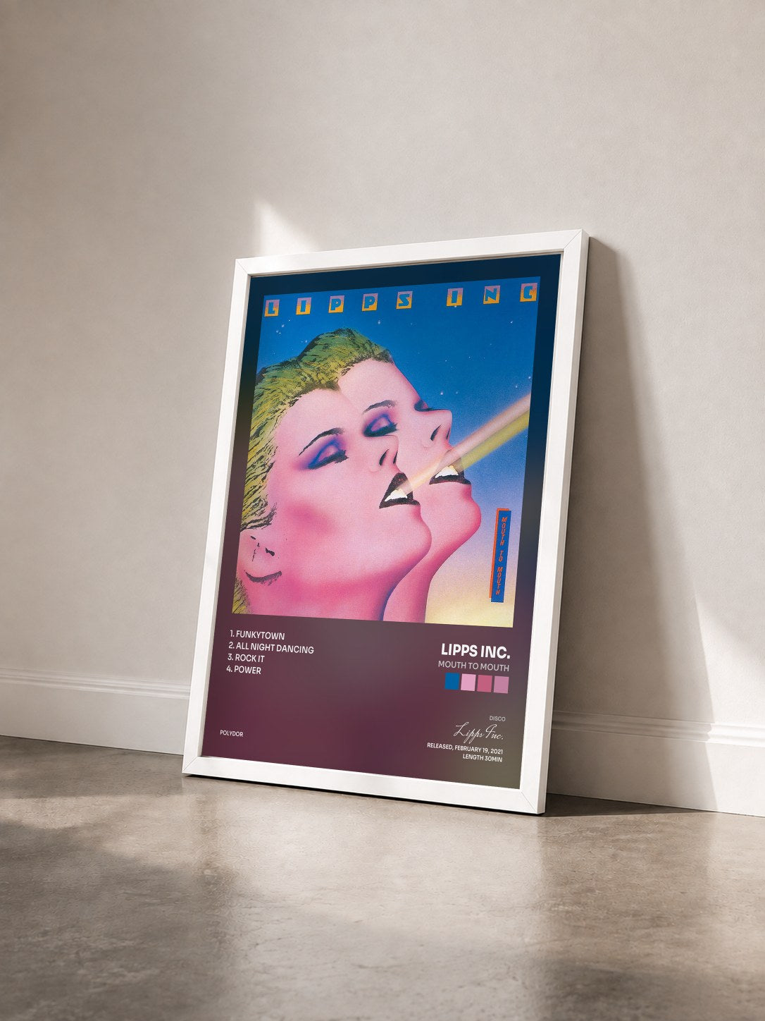 #blanc Tableau de l'album Mouth To Mouth de Lipps Inc. vu de trois quarts, cadre blanc