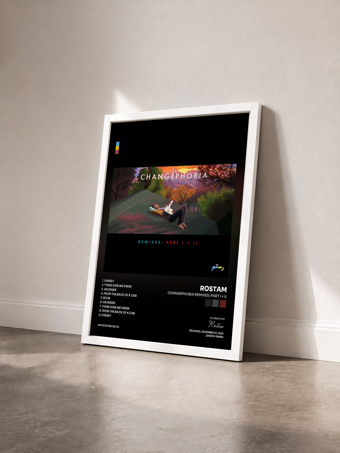 #blanc Tableau de l'album Changephobia Remixes: Part I + II de Rostam vu de trois quarts, cadre blanc