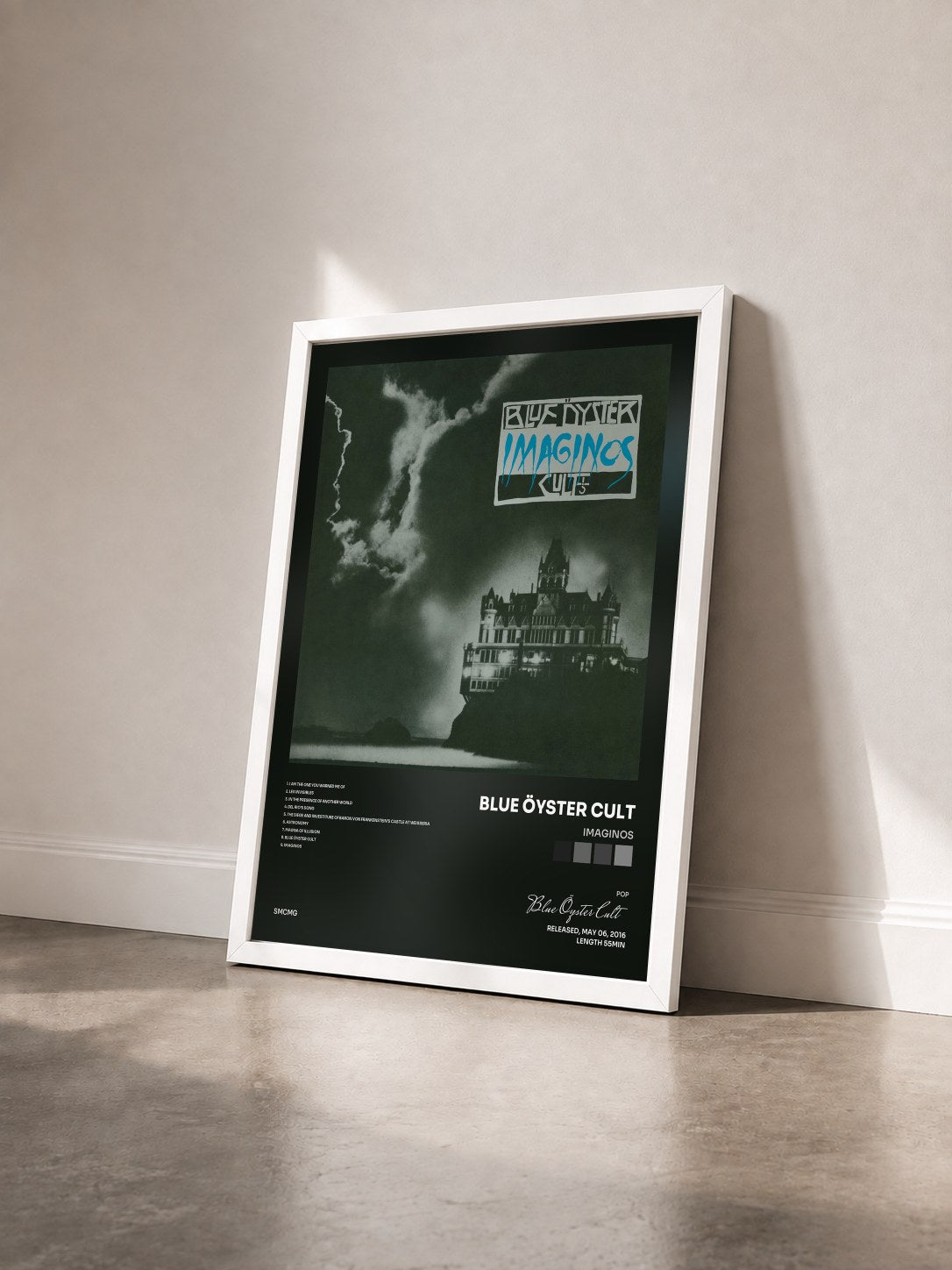#blanc Tableau de l'album Imaginos de Blue Öyster Cult vu de trois quarts, cadre blanc