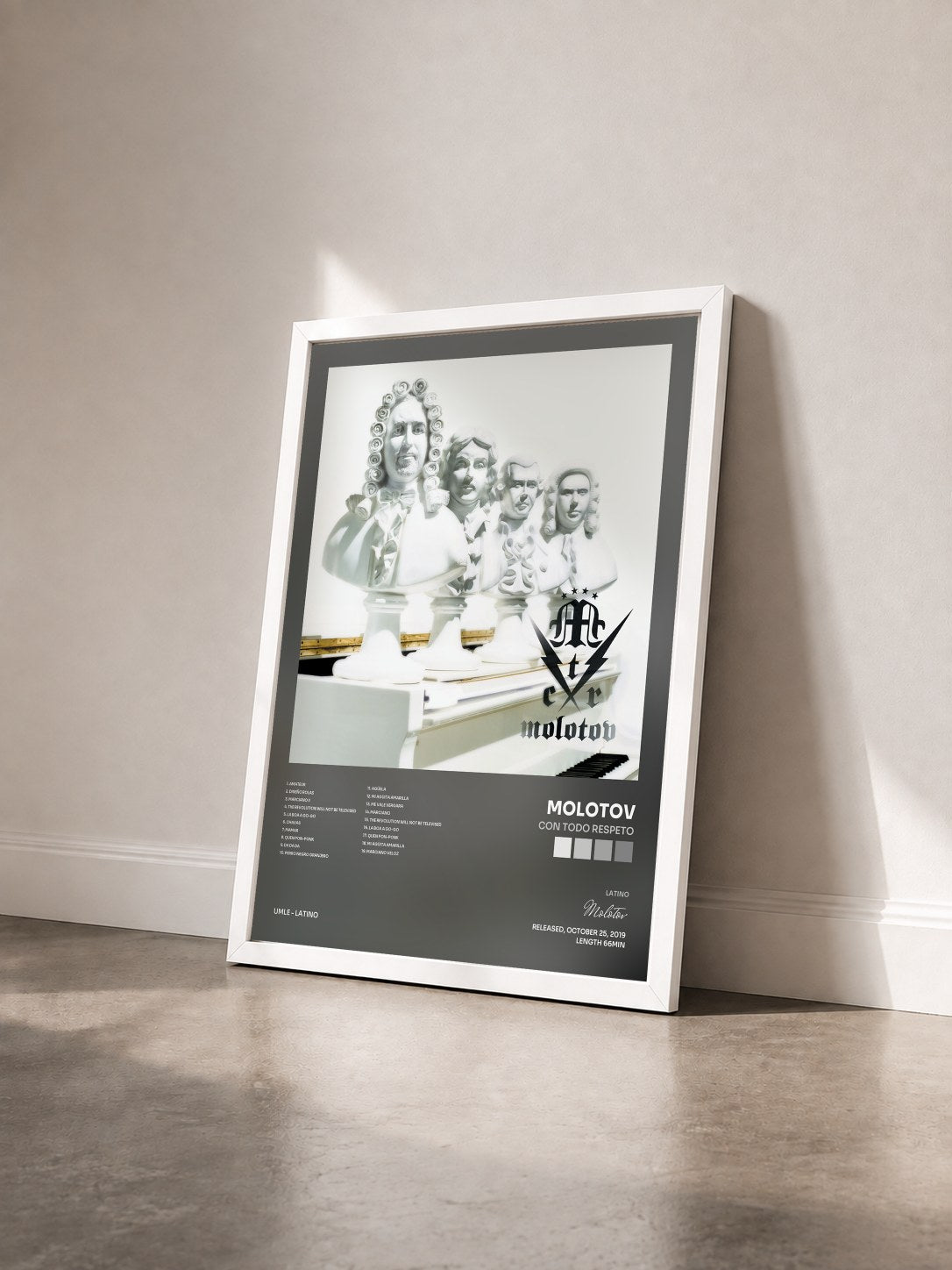 #blanc Tableau de l'album Con Todo Respeto de Molotov vu de trois quarts, cadre blanc