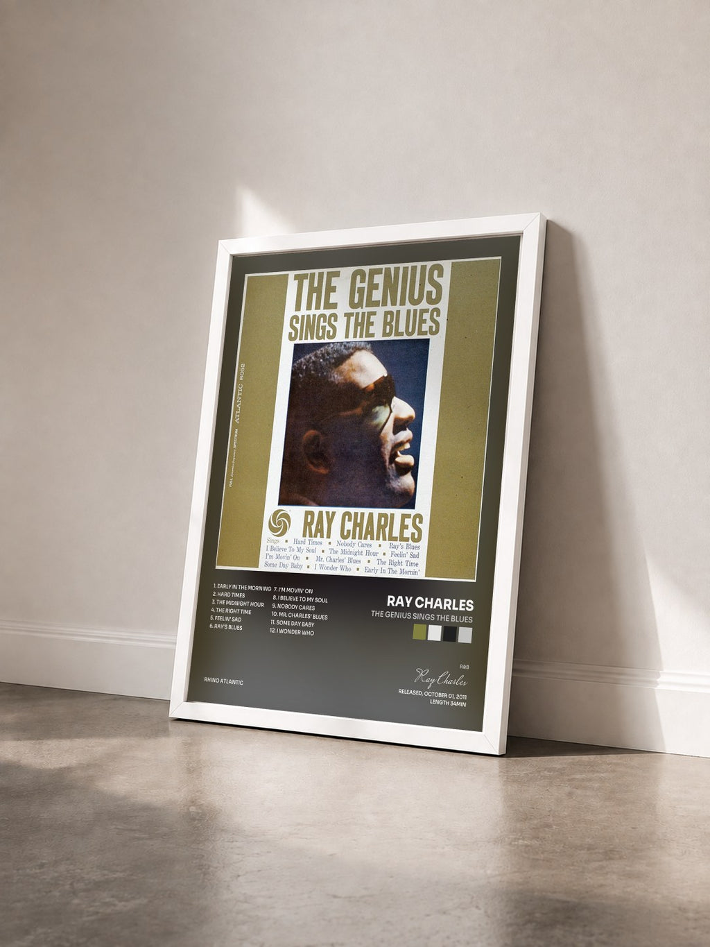 #blanc Tableau de l'album The Genius Sings the Blues de Ray Charles vu de trois quarts, cadre blanc
