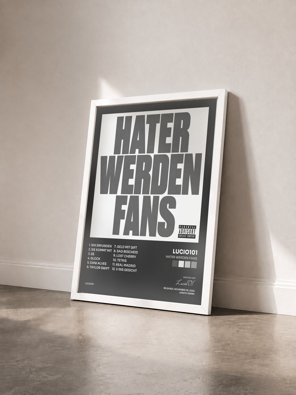 #blanc Hater werden Fans by Lucio101 as a framed art print seen at an angle, white frame