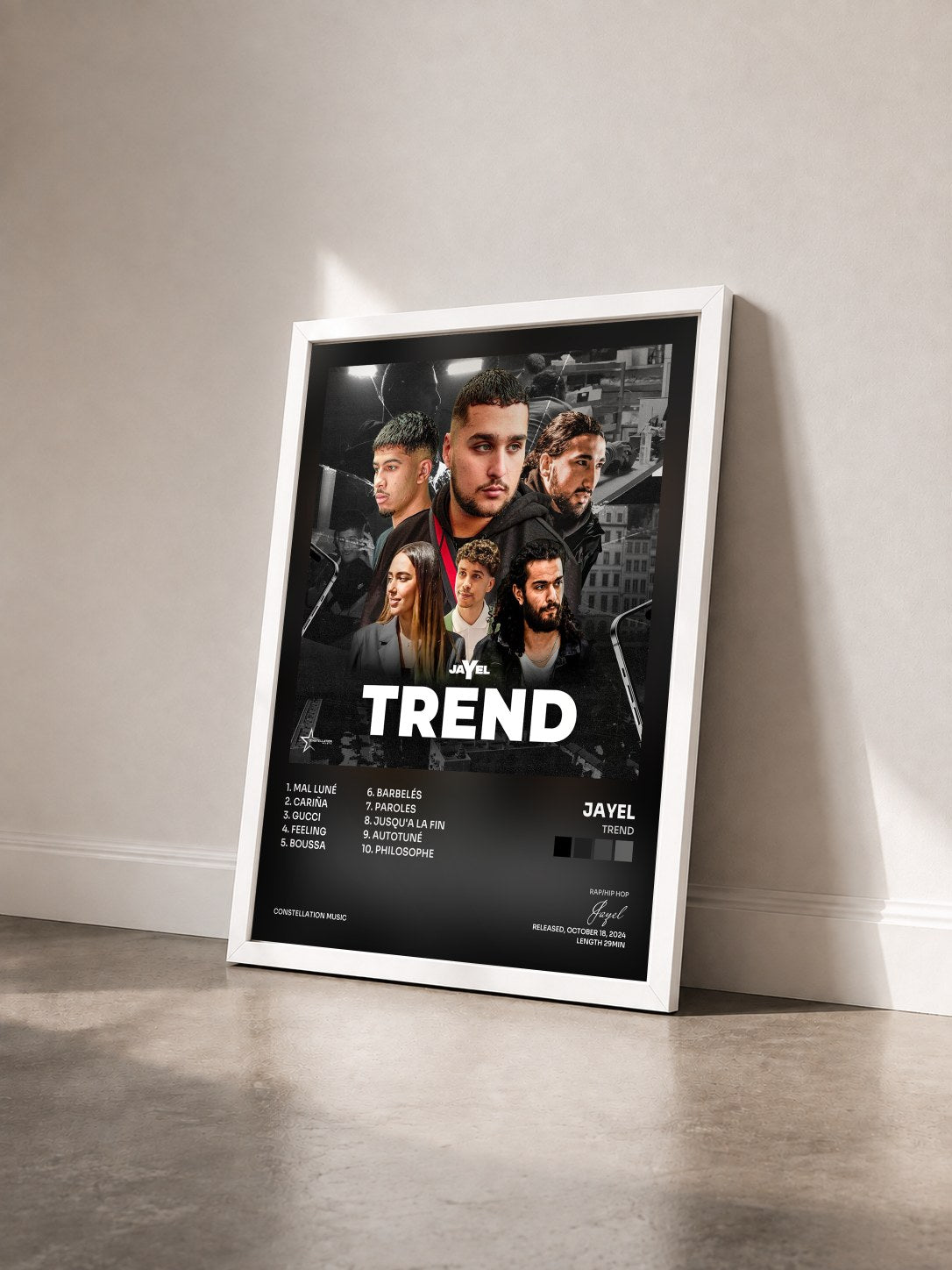 #blanc Tableau de l'album Trend de Jayel vu de trois quarts, cadre blanc