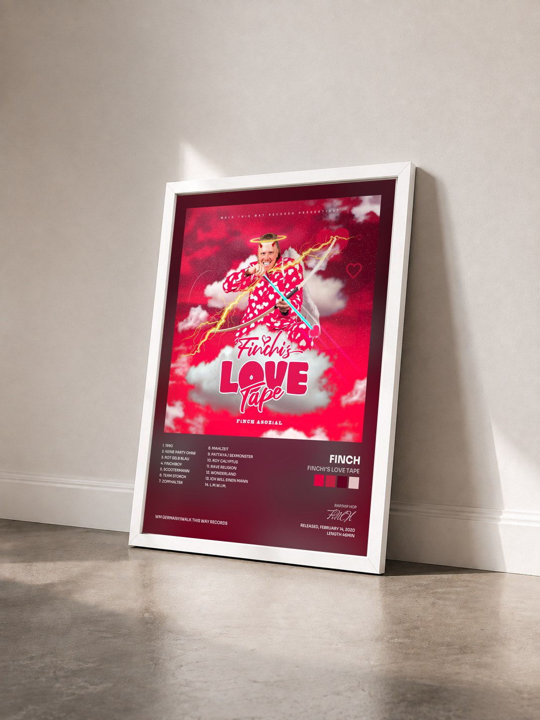 #blanc Tableau de l'album Finchi's Love Tape de FiNCH vu de trois quarts, cadre blanc