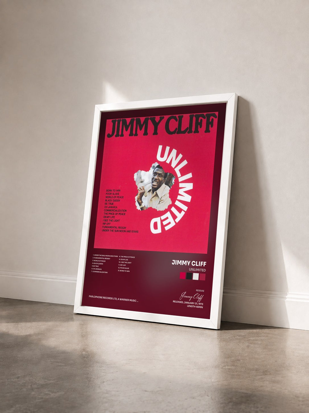 #blanc Tableau de l'album Unlimited de Jimmy Cliff vu de trois quarts, cadre blanc