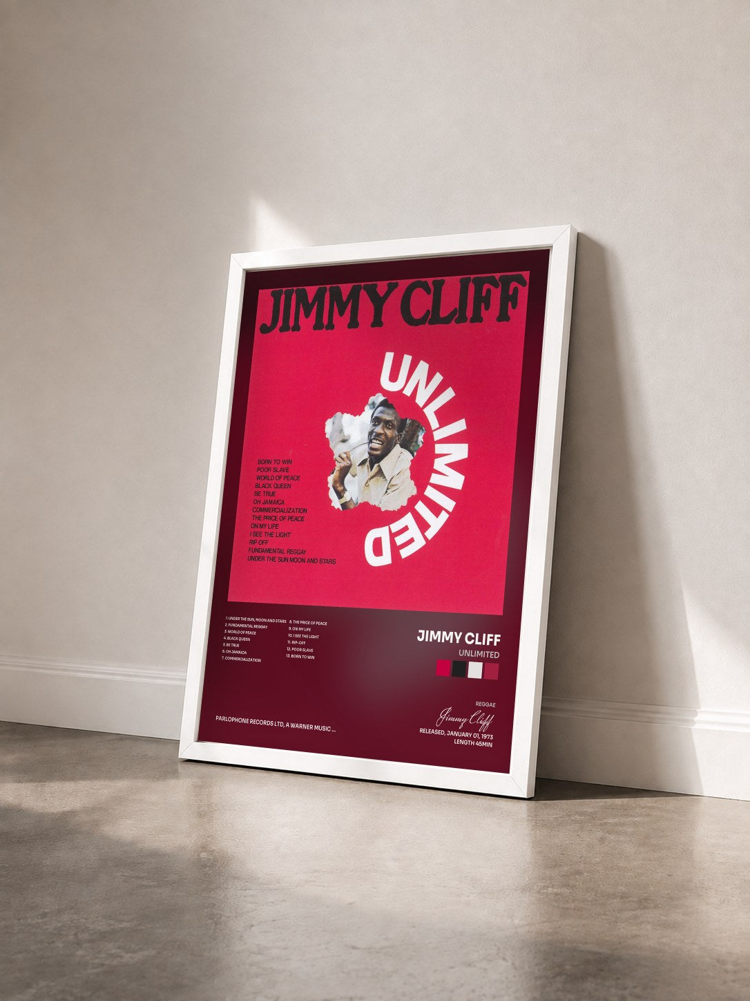 #blanc Tableau de l'album Unlimited de Jimmy Cliff vu de trois quarts, cadre blanc