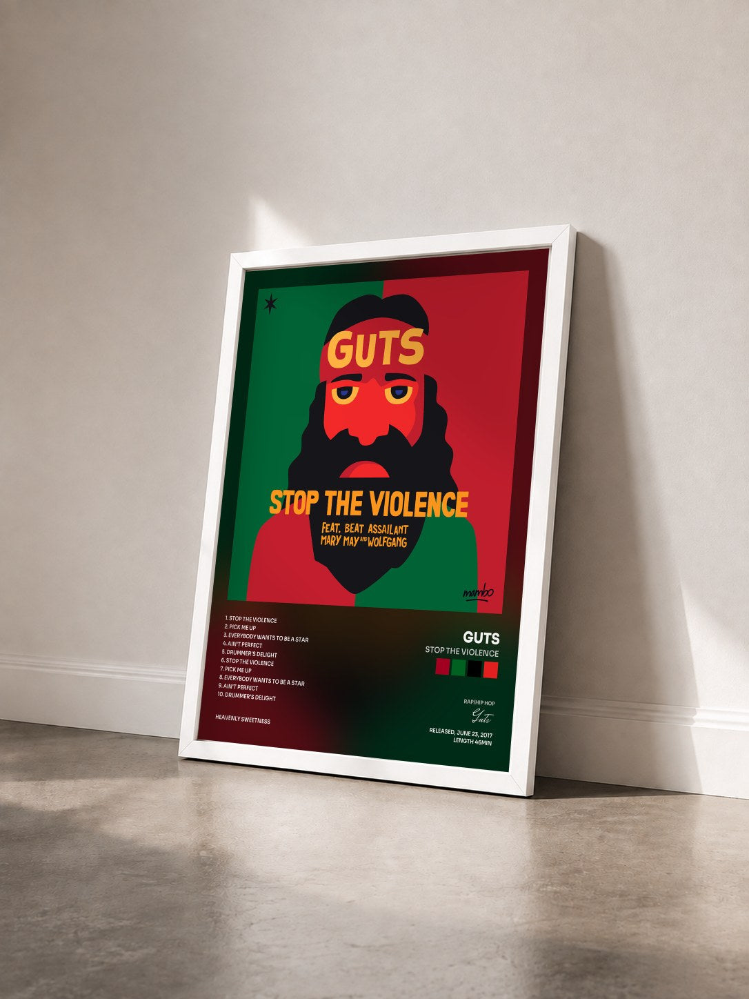 #blanc Tableau de l'album Stop the Violence de Guts vu de trois quarts, cadre blanc
