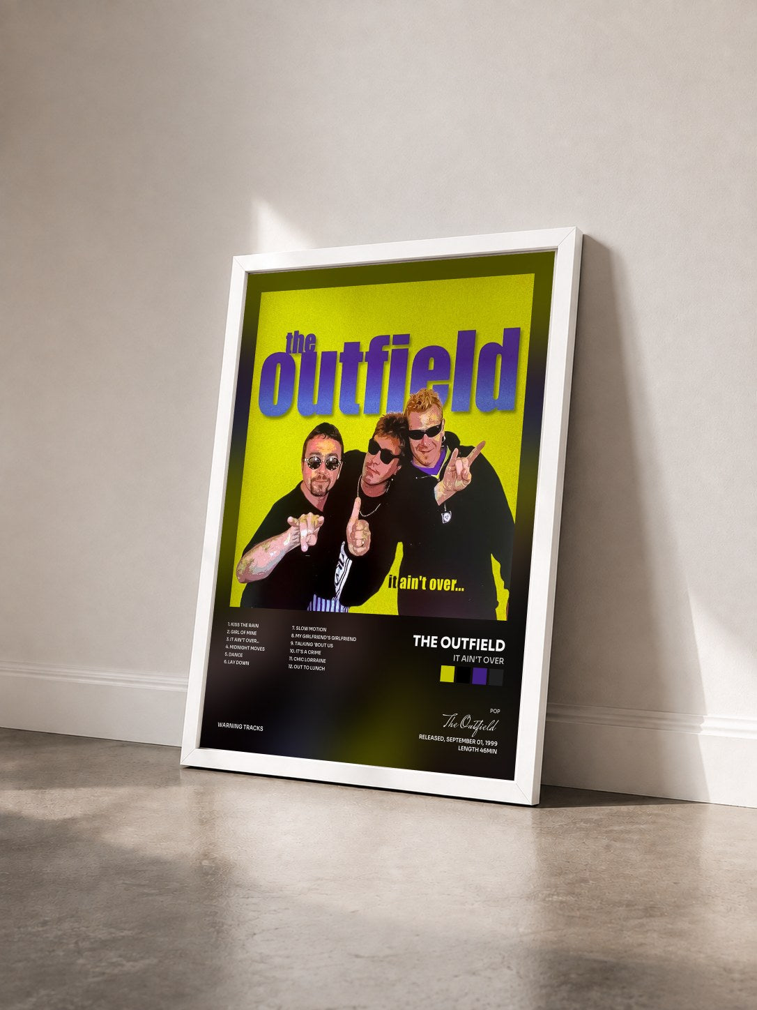#blanc Tableau de l'album It Ain't Over de The Outfield vu de trois quarts, cadre blanc