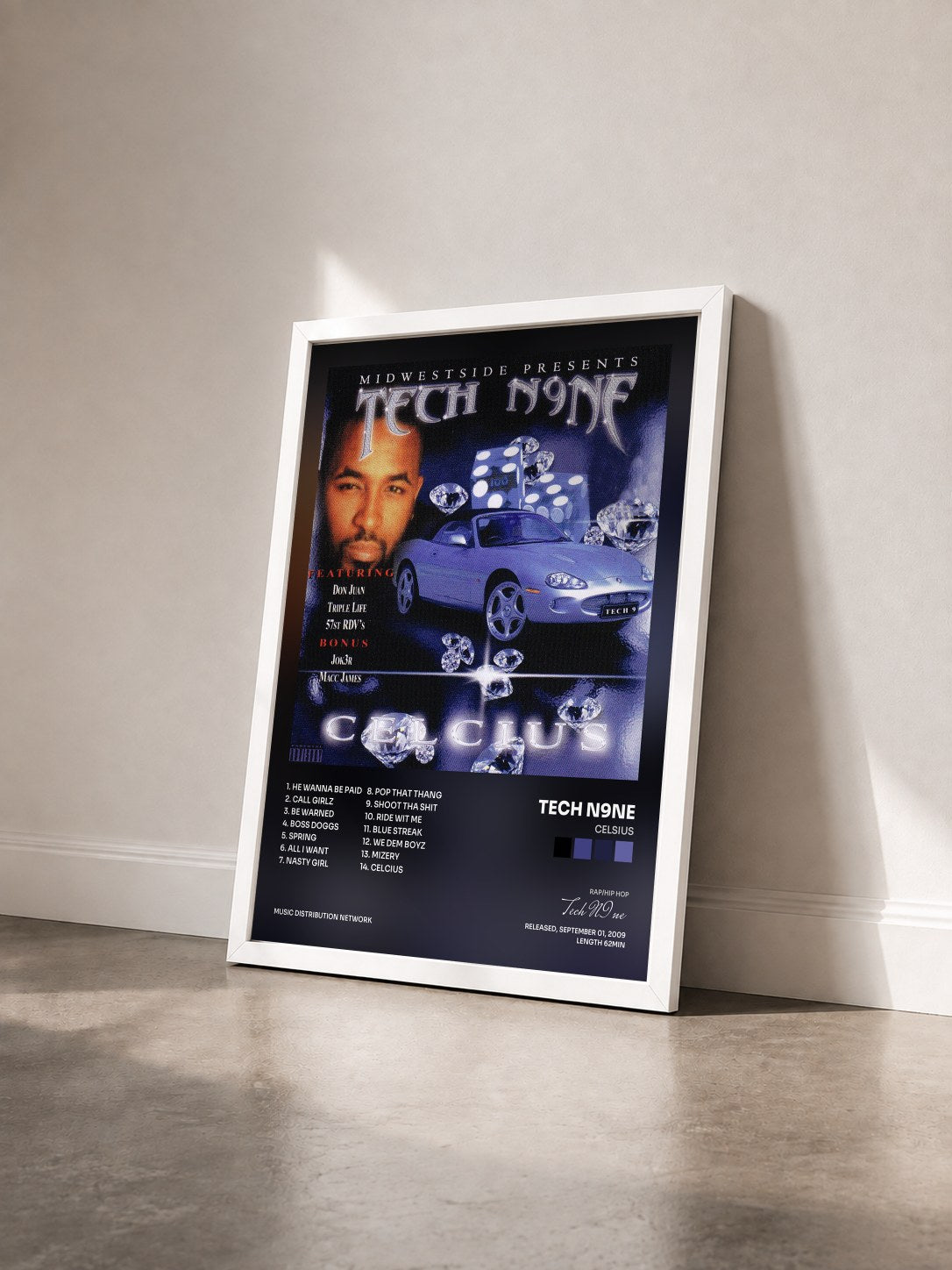 #blanc Tableau de l'album Celsius de Tech N9ne vu de trois quarts, cadre blanc