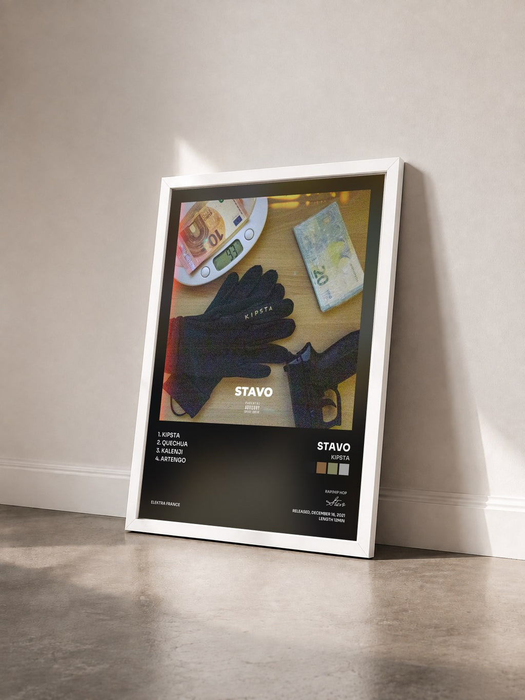 #blanc Kipsta by Stavo as a framed art print seen at an angle, white frame