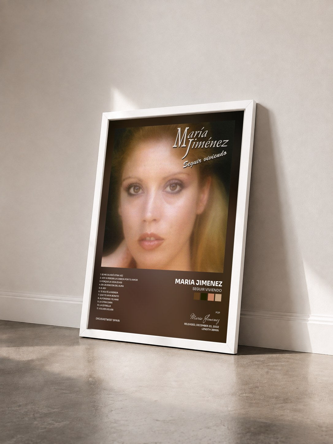 #blanc Tableau de l'album Seguir viviendo de Maria Jimenez vu de trois quarts, cadre blanc