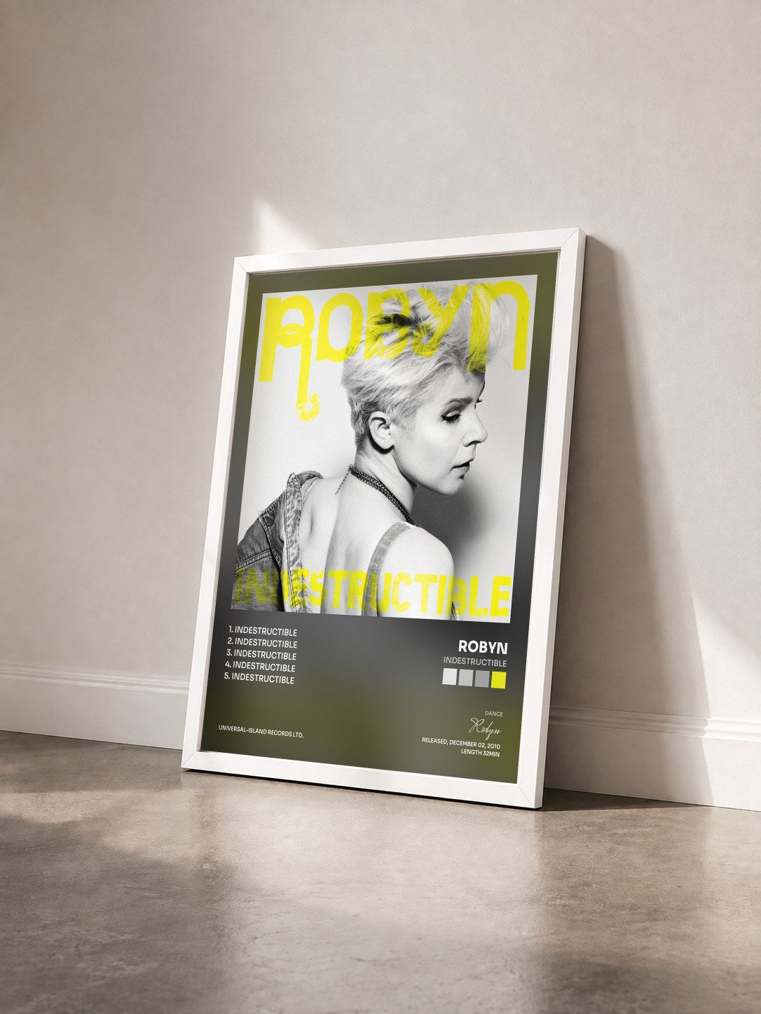 #blanc Tableau de l'album Indestructible de Robyn vu de trois quarts, cadre blanc