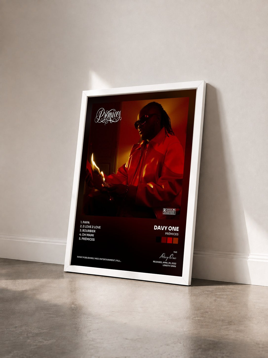 #blanc Tableau de l'album Prémices de Davy One vu de trois quarts, cadre blanc