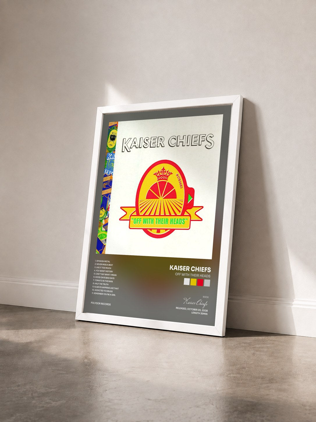 #blanc Tableau de l'album Off With Their Heads de Kaiser Chiefs vu de trois quarts, cadre blanc