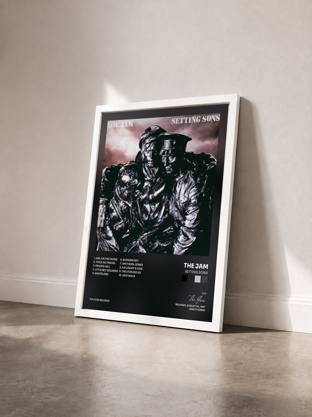 #blanc Tableau de l'album Setting Sons de The Jam vu de trois quarts, cadre blanc