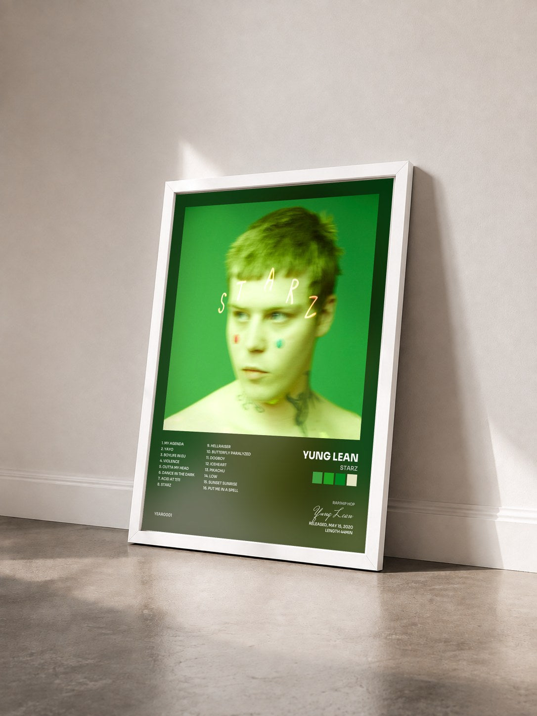 #blanc Tableau de l'album Starz de Yung Lean vu de trois quarts, cadre blanc