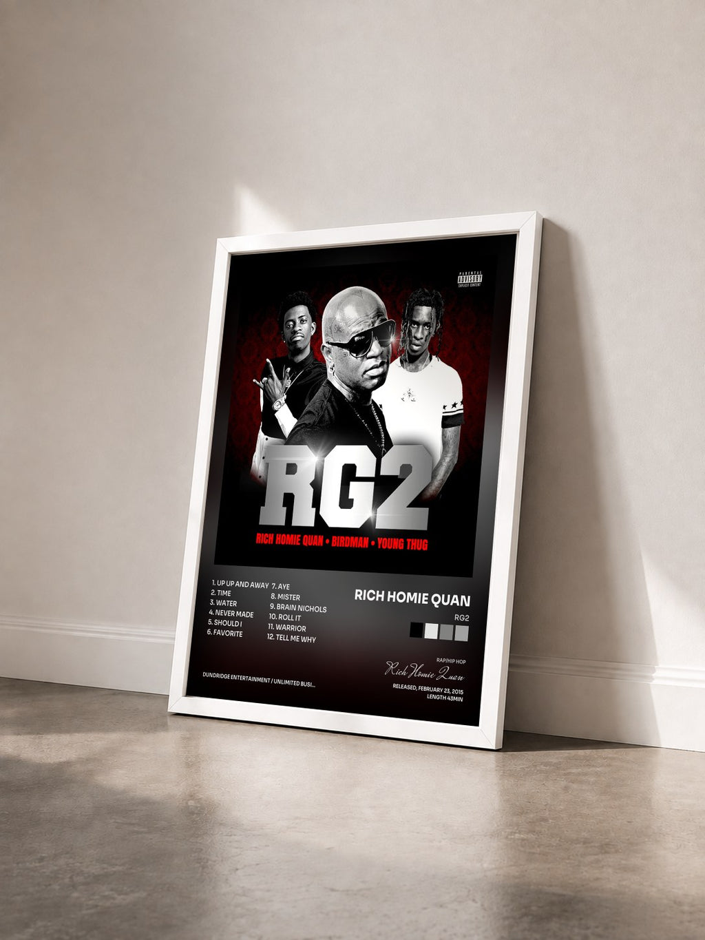 #blanc Tableau de l'album RG2 de Rich Homie Quan vu de trois quarts, cadre blanc