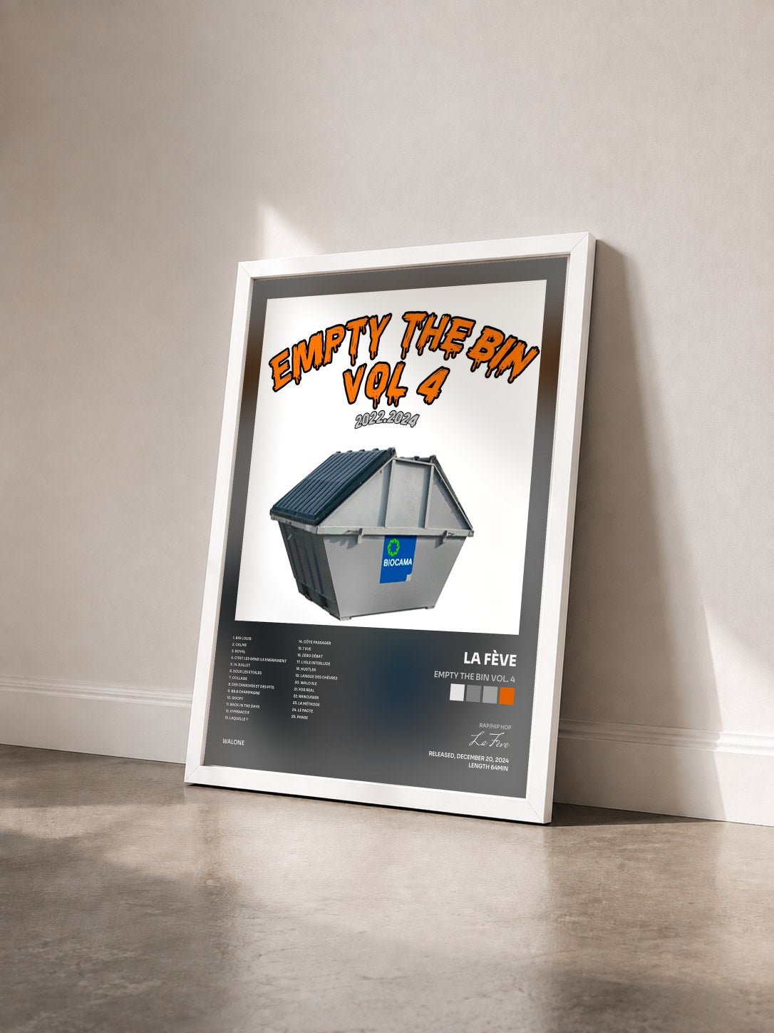 #blanc Tableau de l'album EMPTY THE BIN VOL. 4 de La Fève vu de trois quarts, cadre blanc