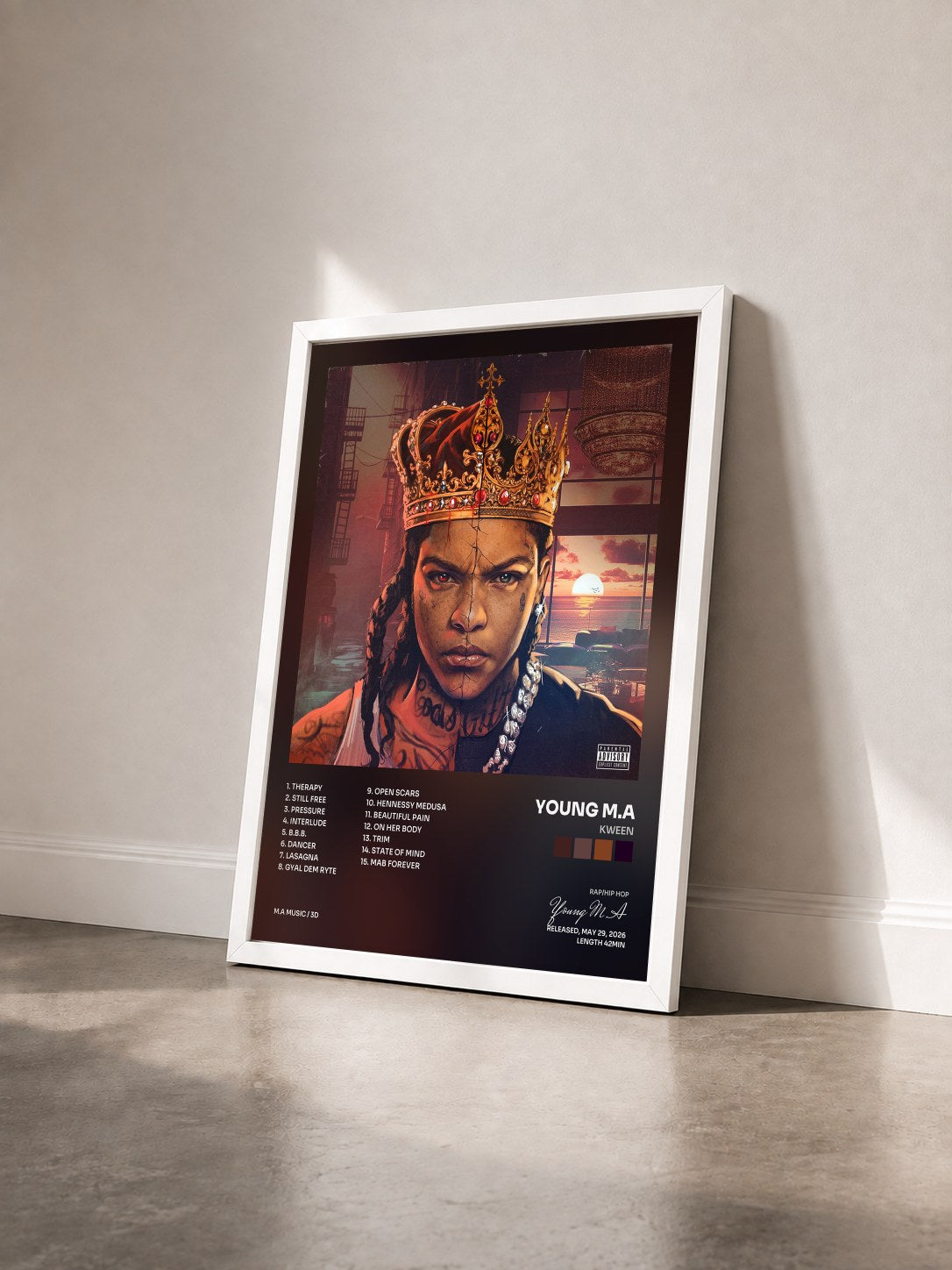 #blanc Tableau de l'album Kween de Young M.A vu de trois quarts, cadre blanc