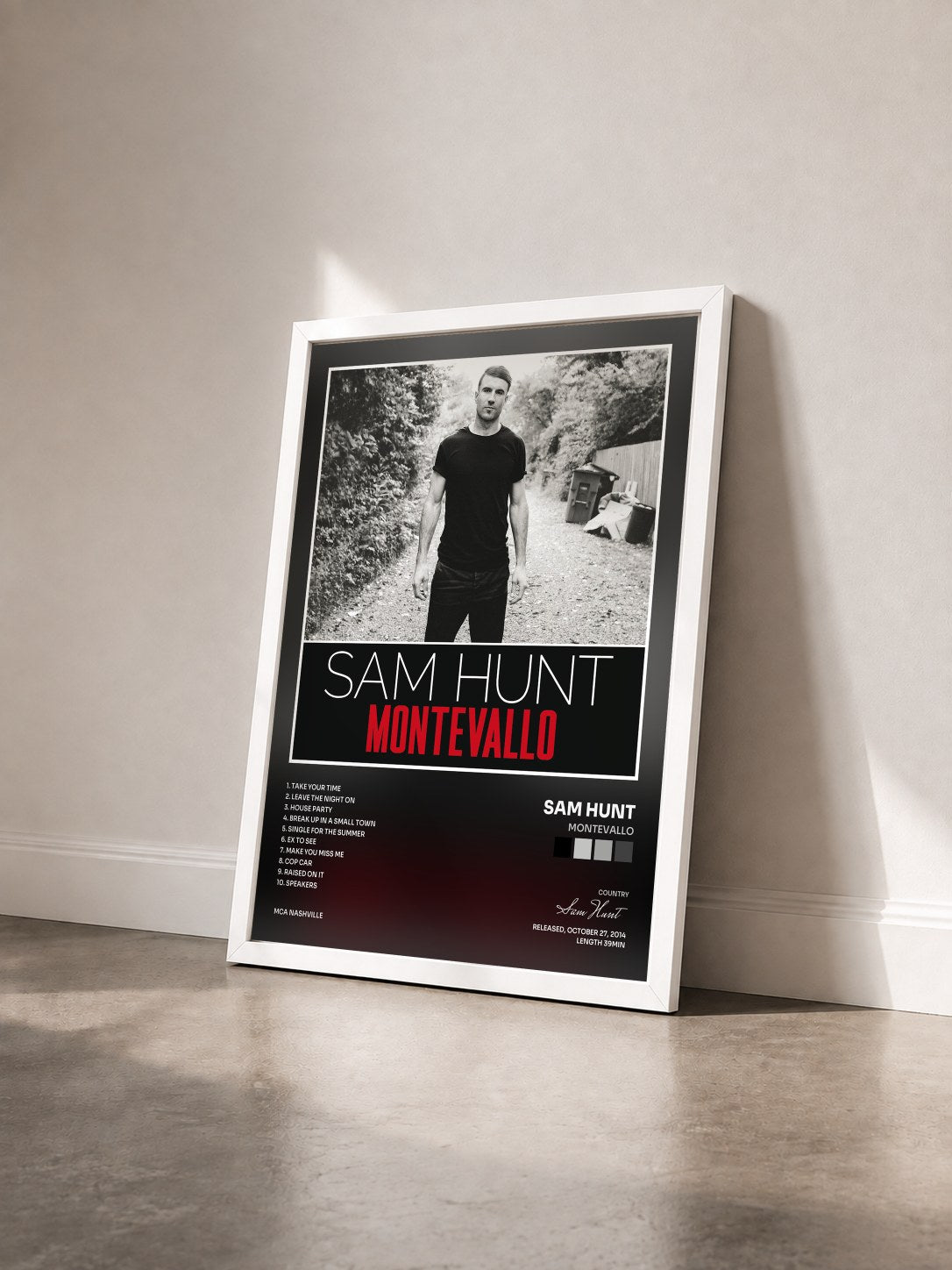 #blanc Tableau de l'album Montevallo de Sam Hunt vu de trois quarts, cadre blanc