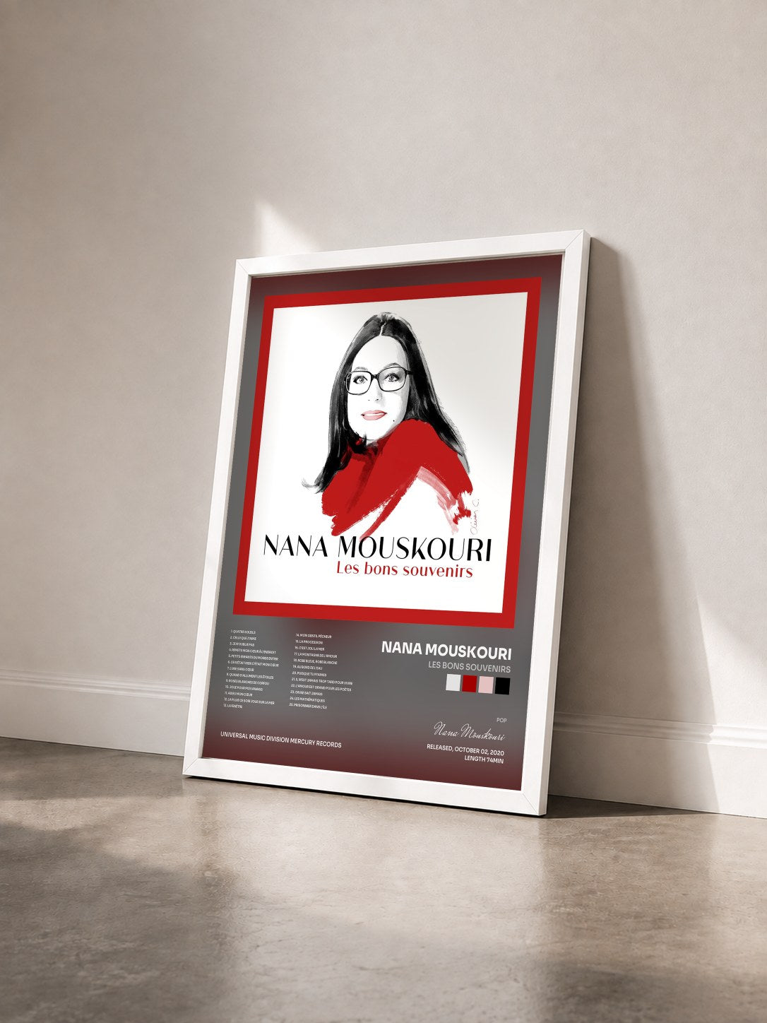 #blanc Tableau de l'album Les bons souvenirs de Nana Mouskouri vu de trois quarts, cadre blanc