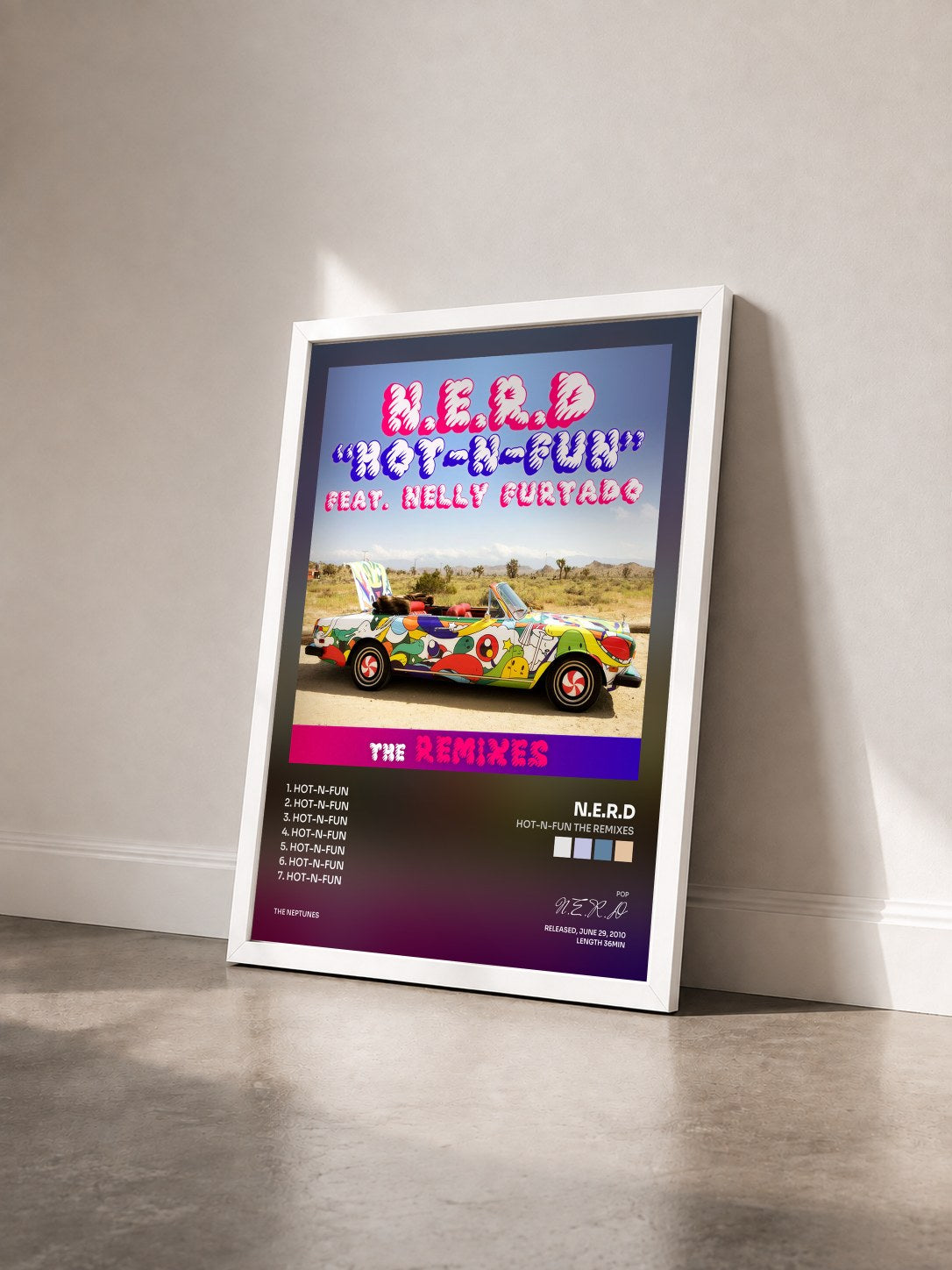 #blanc Tableau de l'album Hot-n-Fun The Remixes de N.E.R.D vu de trois quarts, cadre blanc