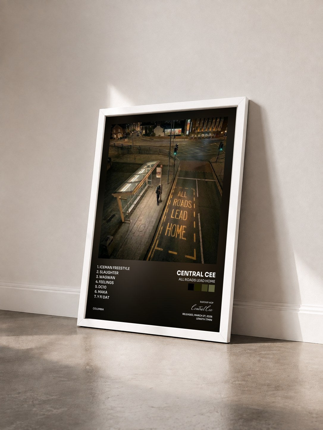 #blanc Tableau de l'album ALL ROADS LEAD HOME de Central Cee vu de trois quarts, cadre blanc