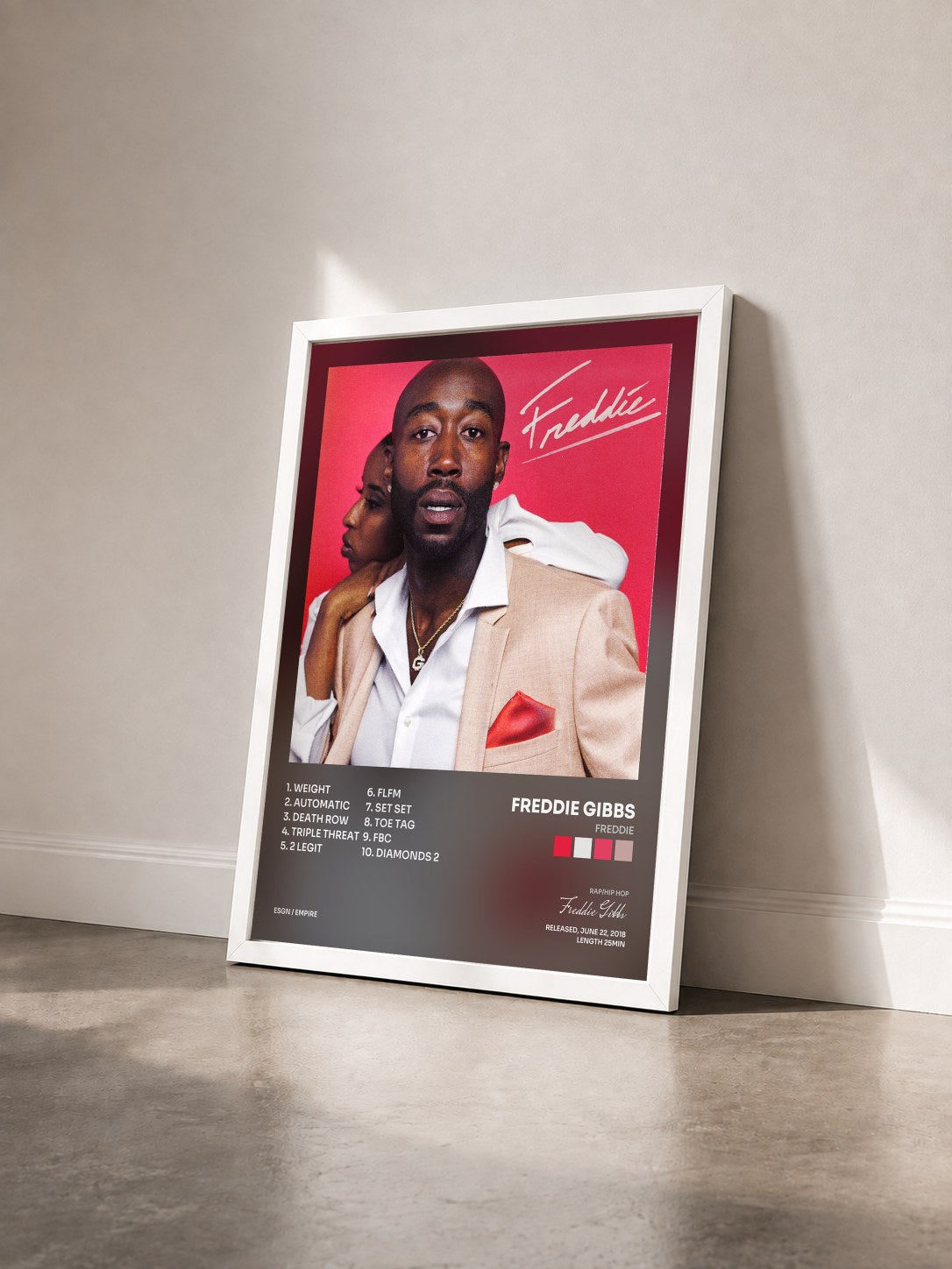 #blanc Tableau de l'album Freddie de Freddie Gibbs vu de trois quarts, cadre blanc