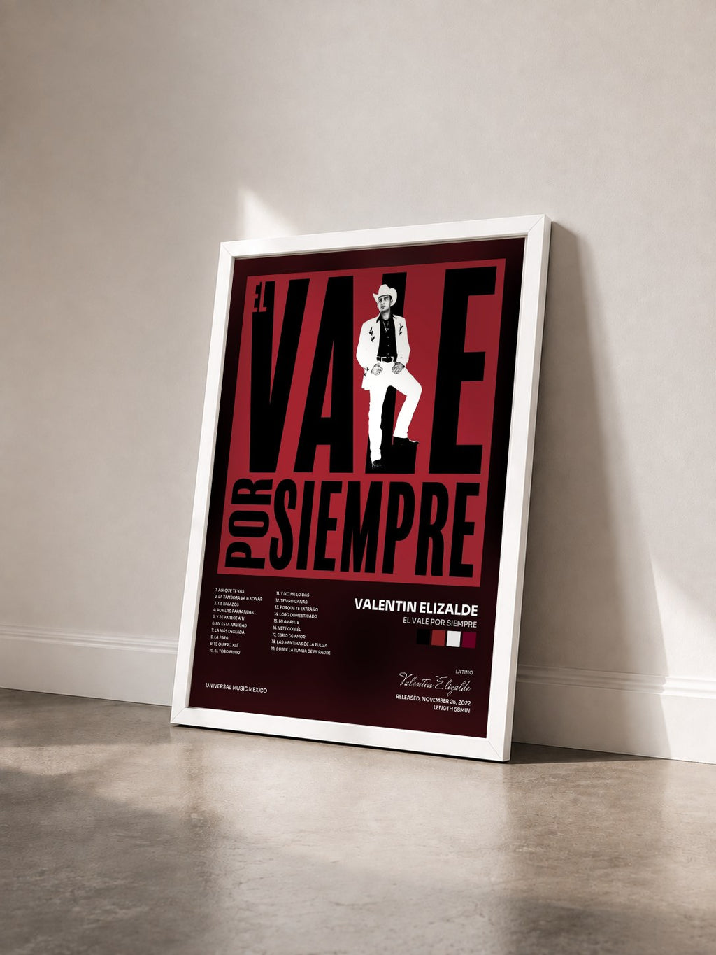 #blanc Tableau de l'album El Vale Por Siempre de Valentin Elizalde vu de trois quarts, cadre blanc
