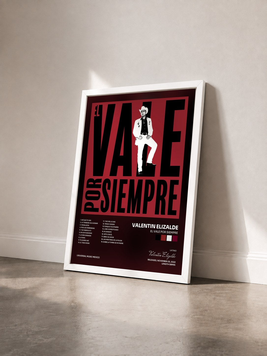 #blanc Tableau de l'album El Vale Por Siempre de Valentin Elizalde vu de trois quarts, cadre blanc